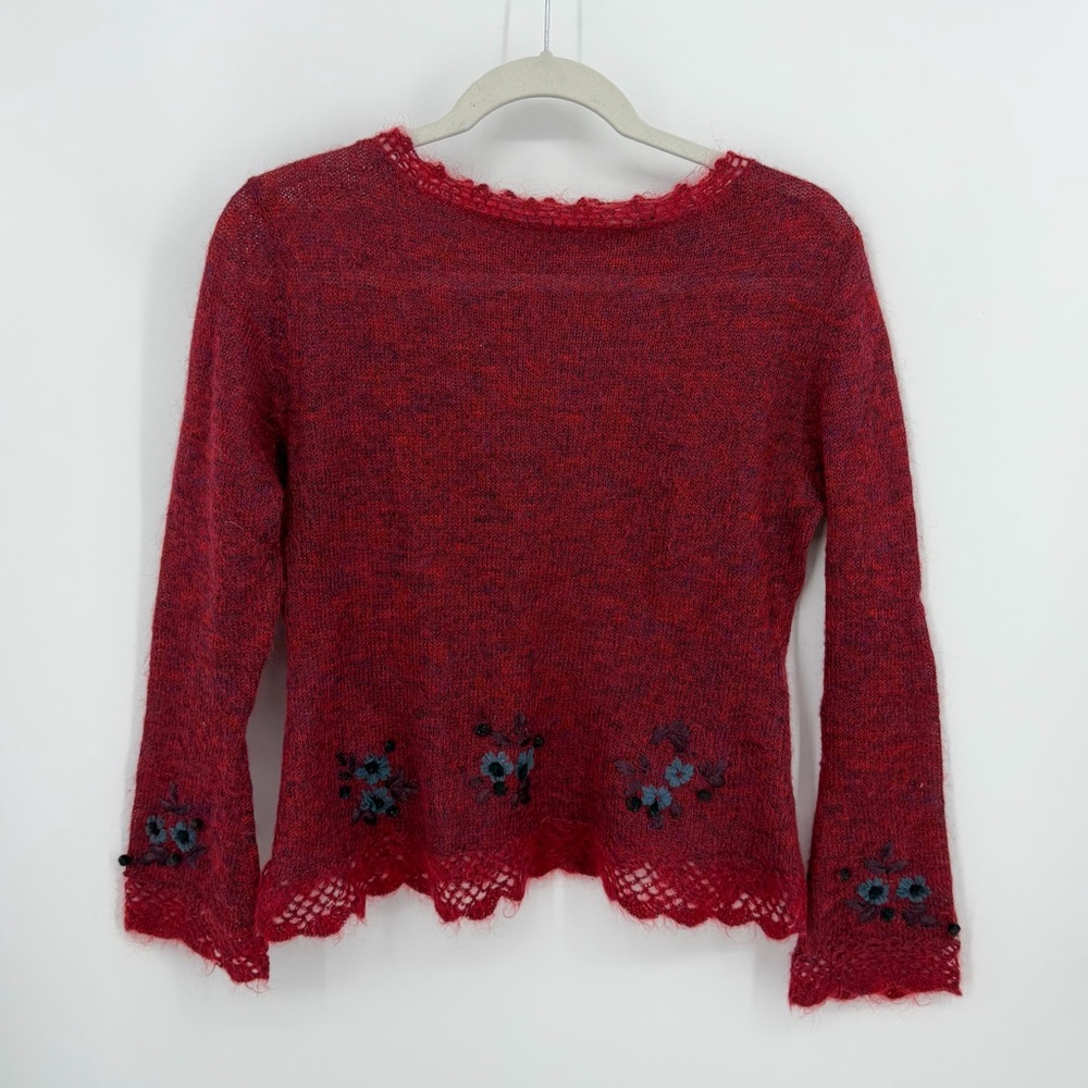 Vintage Crochet red knit sweater blue floral embroidered sz S cottagecore